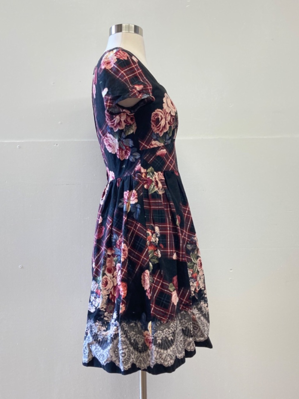 ModCloth Retro A Line Sweetheart Dress Pocket Brown Floral Plaid Country Cottage - Picture 7 of 10